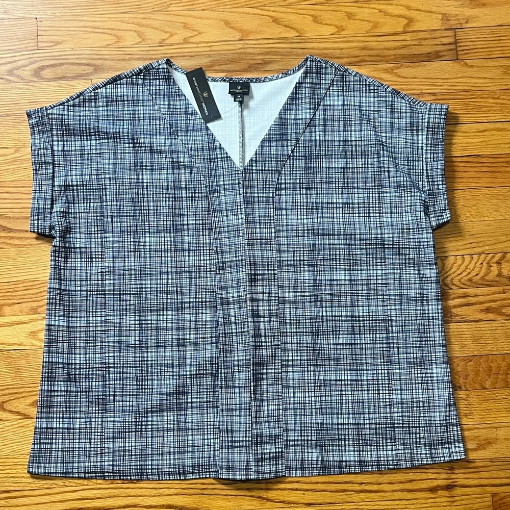 Worthington Women Plus Size 1X V-Neck Top Black/Blue Print NWT